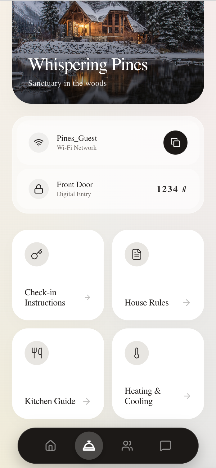 Guestiqo guest app — Whispering Pines stay dashboard